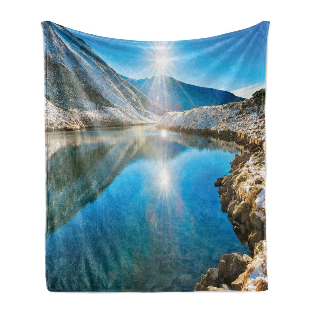 

ABAKUHAUS Blue Sky Мягкое фланелевое флисовое одеяло, Пейзаж Вид на гору Пейзаж Восход Солнца Снег Солнечные лучи Сцена на открытом воздухе, 175 x 230 см, Разноцветный, синий