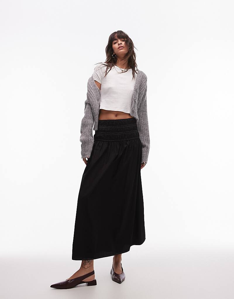

Черная юбка макси Topshop со сборками на талии и белой строчкой
