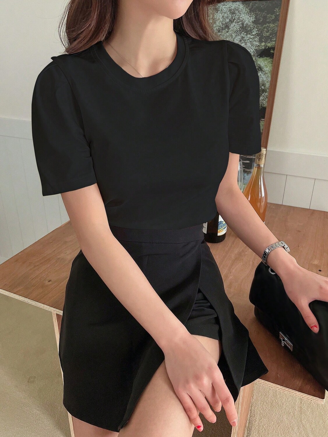 

Футболка DAZY, однотонная, круглый вырез, черный цвет