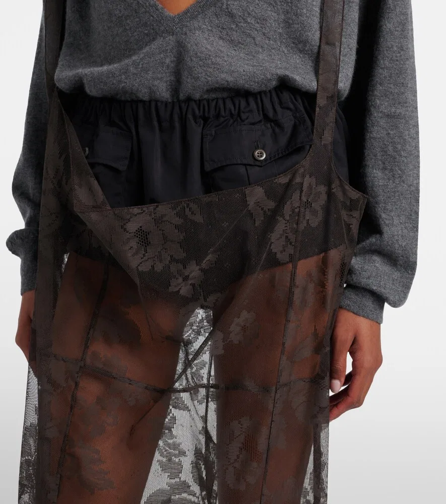Хлопковая юбка миди с цветочным кружевом Prada, коричневый — фото 4