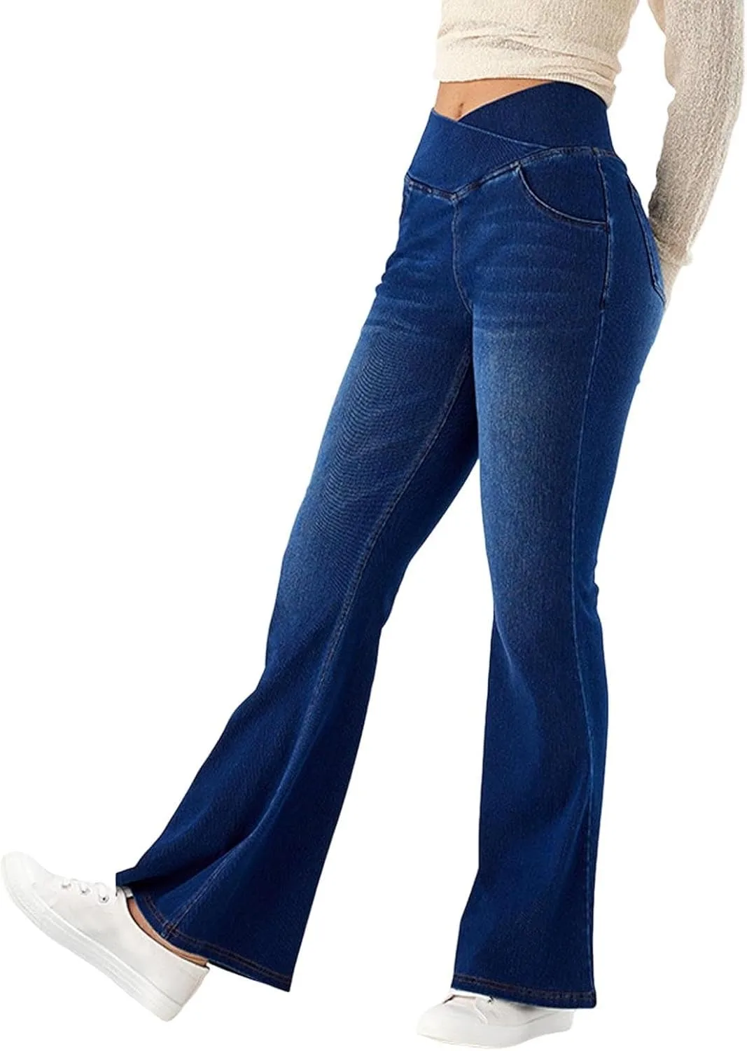 Женские джинсы Bell Bottom High Waisted Crossover Stretchy Flare с карманами