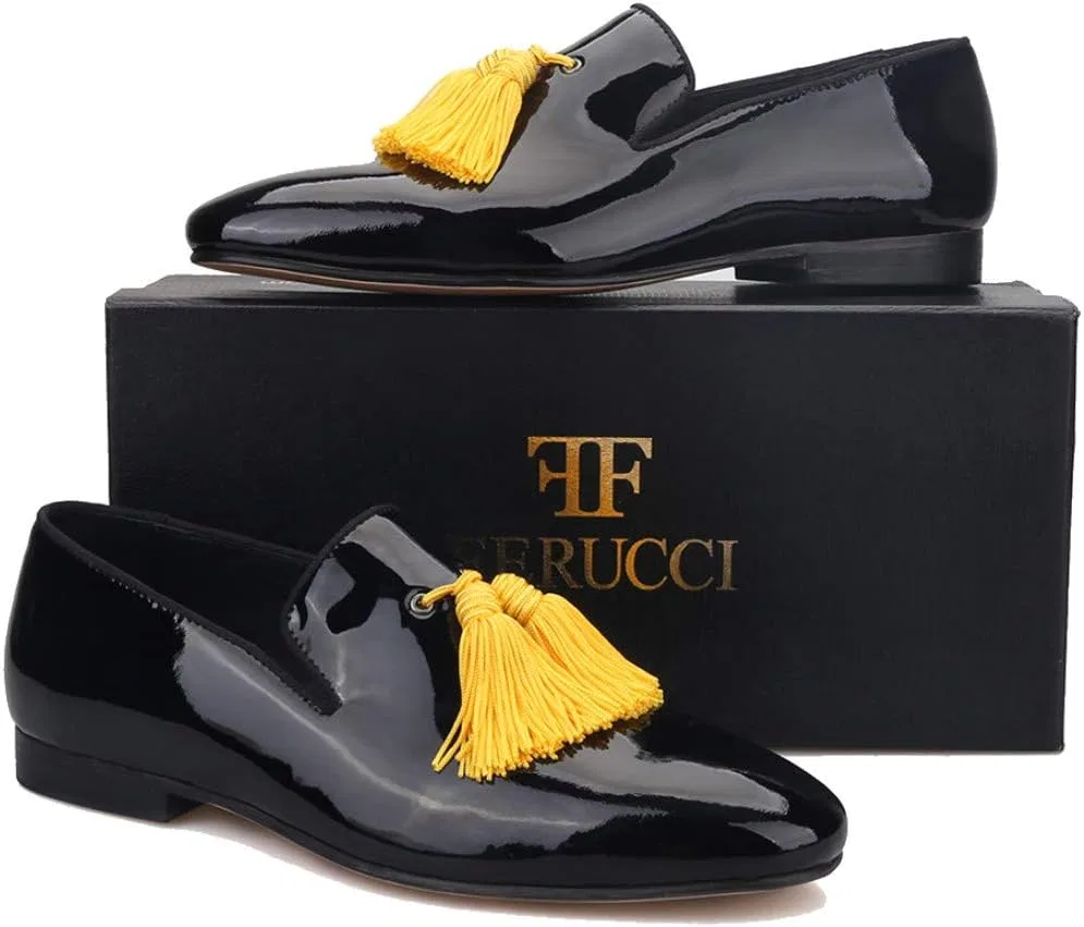 Лоферы FERUCCI Black Patent Leather Loafer with Gold Tassel Slippers Flat Prom Wedding, черный — фото 2
