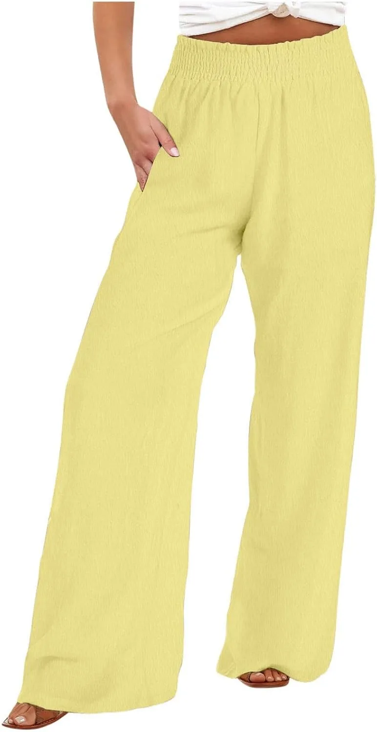 Льняные брюки для женщин Vacation Wide Leg High Waist Palazzo, летние струящиеся пляжные повседневные брюки с карманом Generic, желтый