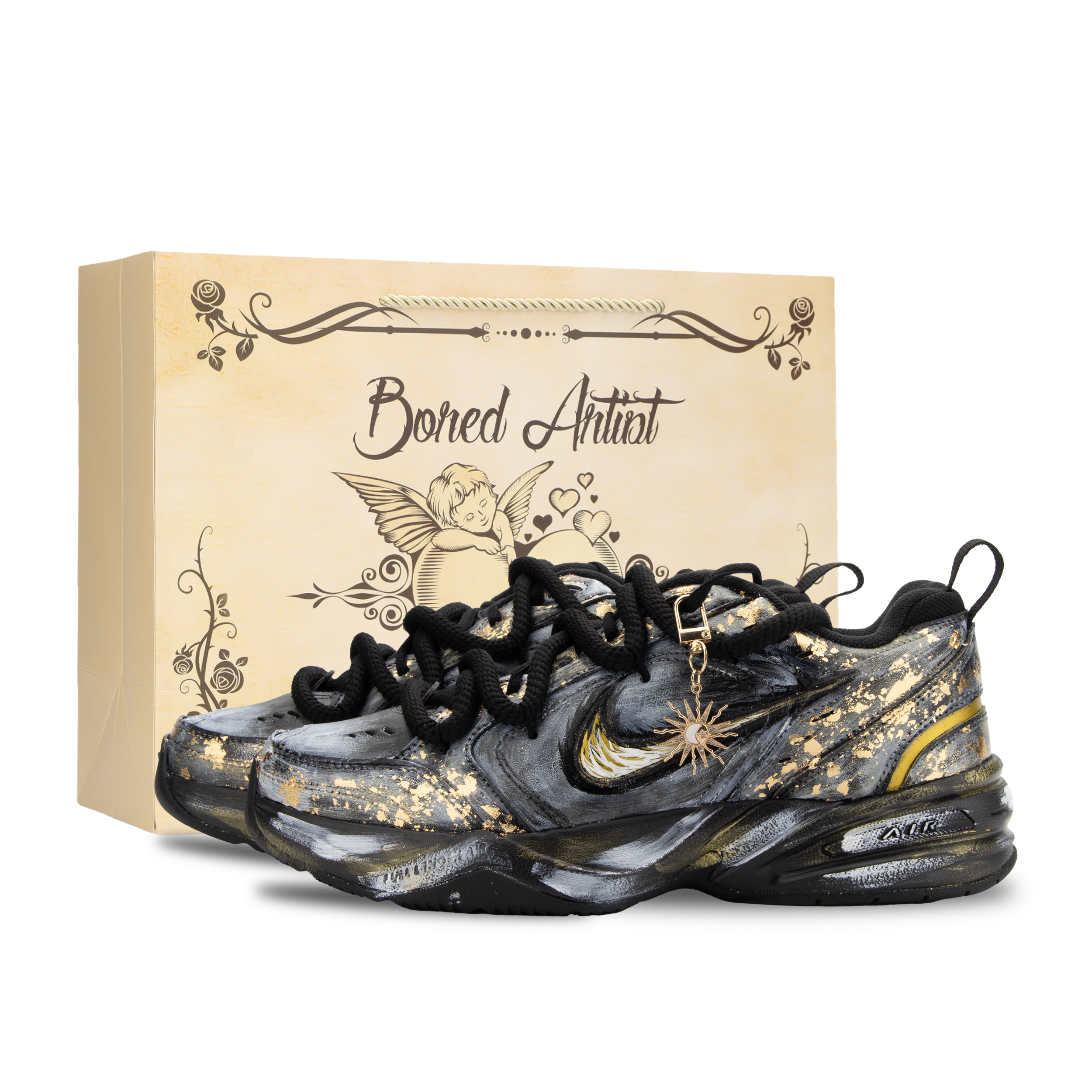 

Air Monarch 4 River Immersed Moon, Sun's Fall устойчивые к истиранию низкие массивные кроссовки Unisex Black Gold Nike, черный золотой Shopping Bag