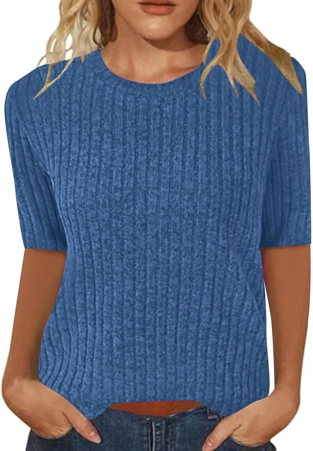 

Женская блузка с коротким рукавом и круглым вырезом, рифленая вязка