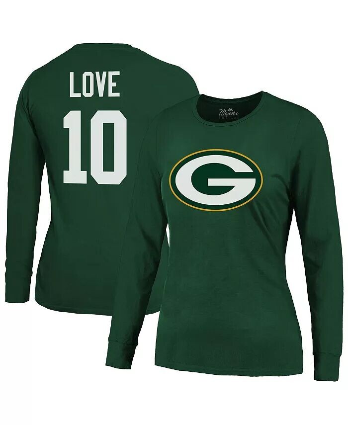 

Женская футболка Jordan Love Green Green Bay Packers с именем и номером, длинный рукав Majestic