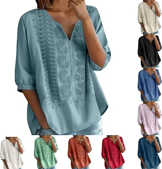 Блуза с V-образным вырезом, 3/4 рукав, хлопок и лен, Mint Green