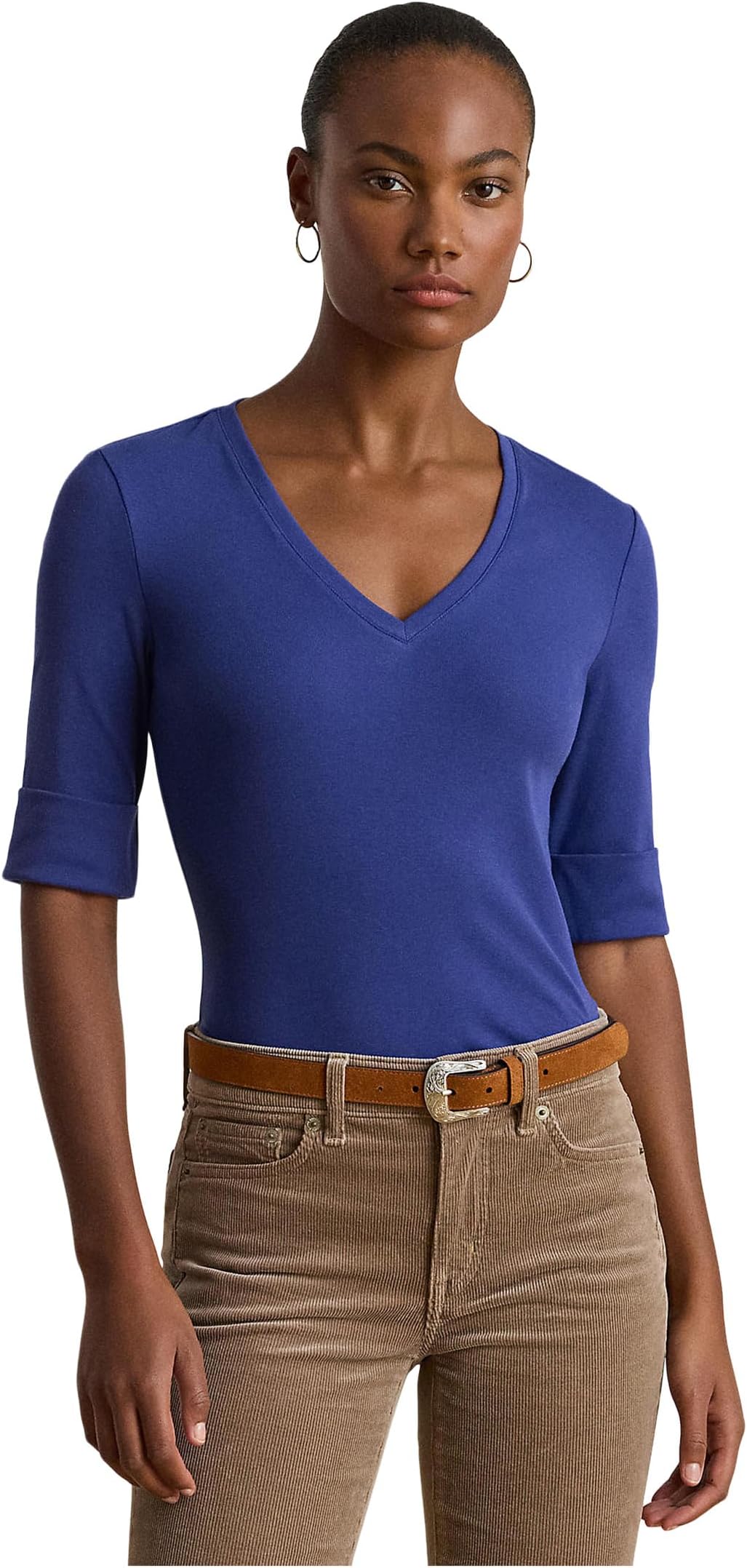 

Футболка Lauren Ralph Lauren Stretch Cotton Elbow-Sleeve V-Neck Tee, цвет Charter Blue