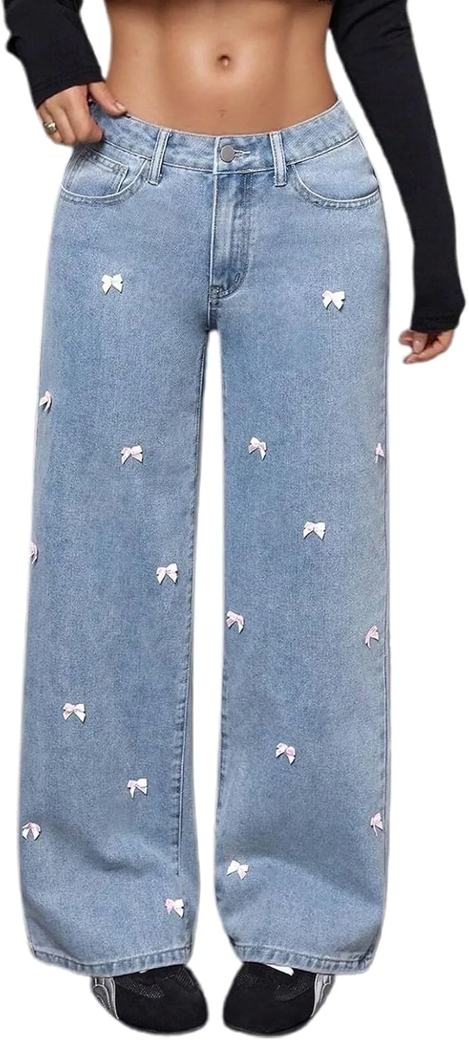 

Женские джинсы с бантом, широкие и потертые, комфортные на высокой талии