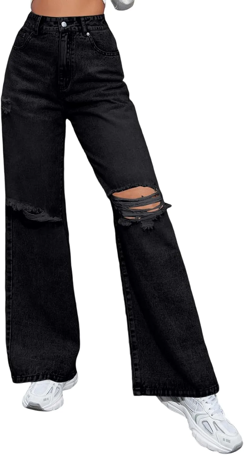 

Женские джинсы прямого кроя в стиле ретро с потертостями и карманами HYYGOCCTV