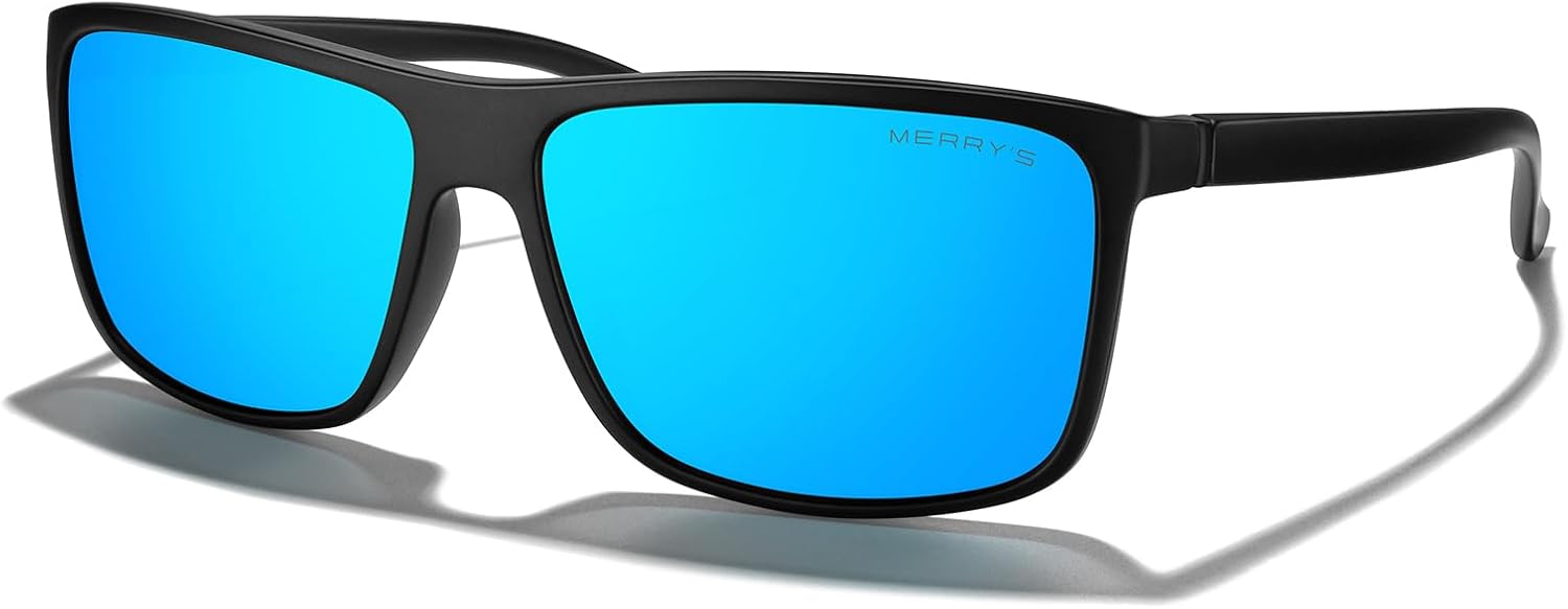 

Прямоугольные поляризованные спортивные солнцезащитные очки MERRY'S для мужчин и женщин, для езды на велосипеде, вождения, рыбалки, с защитой UV400, модель S8225, Matte Black Frame/Black Metal/Blue Mirror Lens