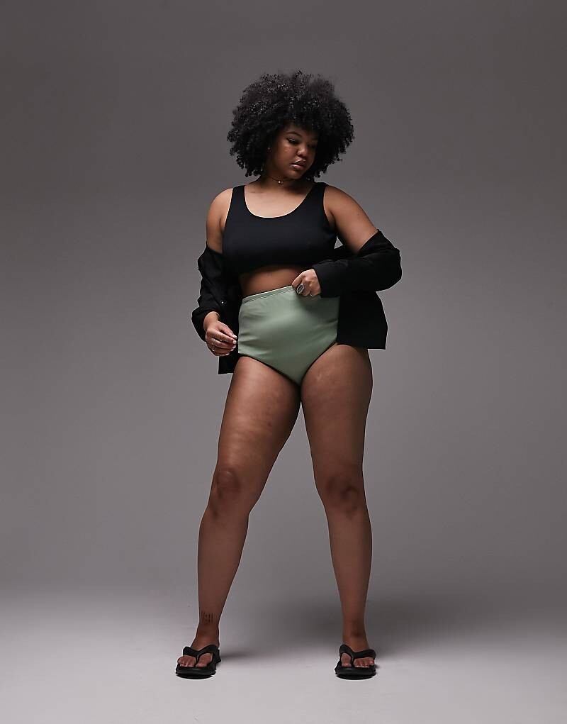 

Плавки бикини цвета хаки в рубчик с высокой талией Topshop Curve