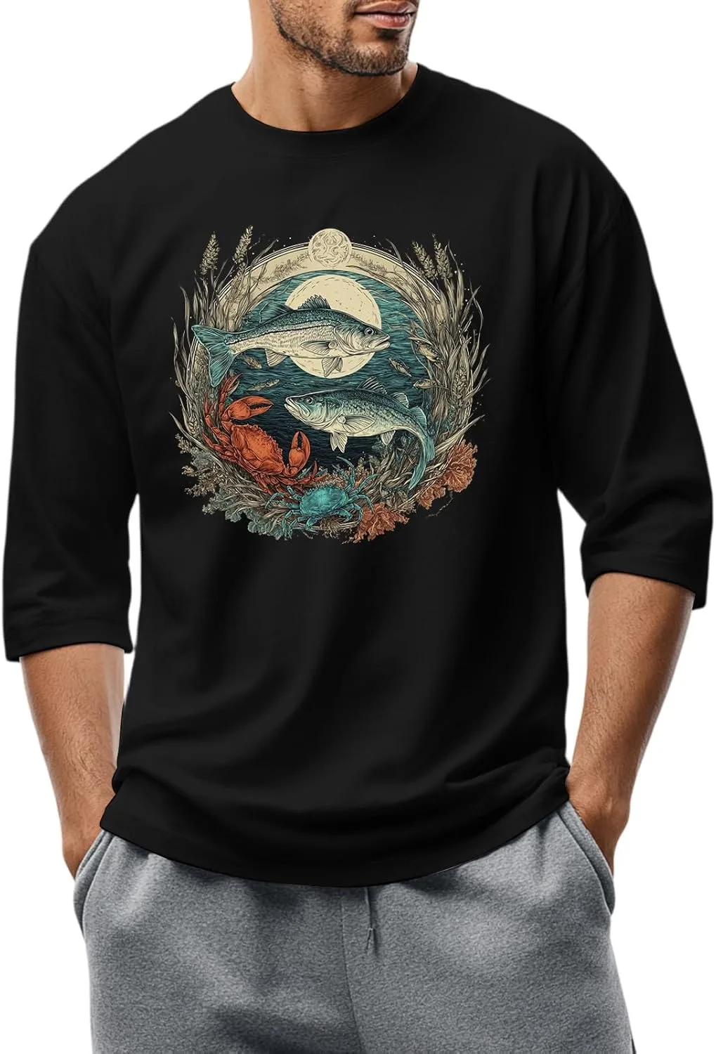 

Футболка для мужчин с принтом, классический крой, 3/4 рукава FQZWONG