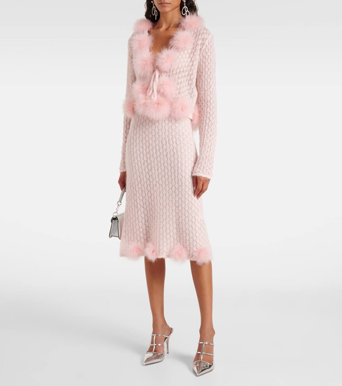 Юбка миди из смеси мохера и шерсти с отделкой перьями Blumarine, цвет powder pink — фото 2