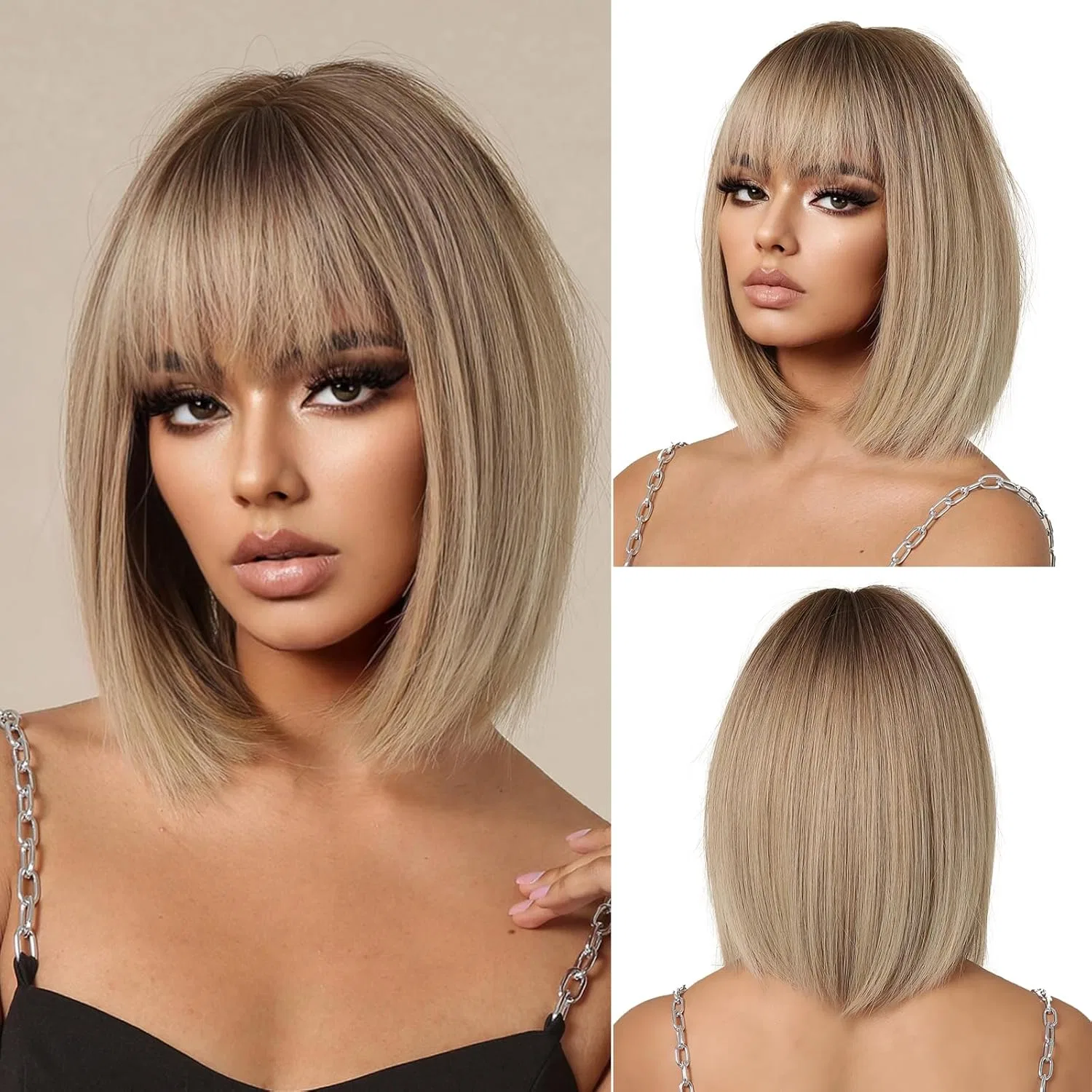Женский короткий прямой парик-боб омбре блонд с челкой Oufei, Ombre Blonde(1052-3)
