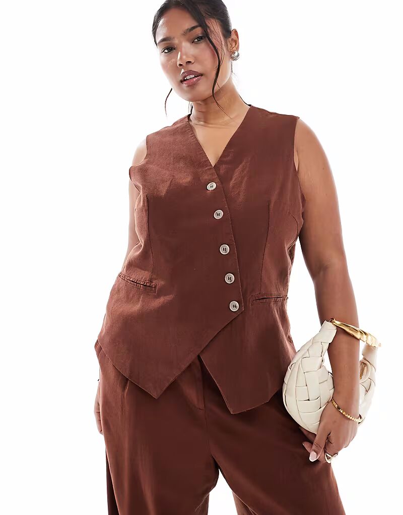 

Льняной жилет Curve с асимметричным плетением на пуговицах спереди, шоколадного цвета Vero Moda Curve
