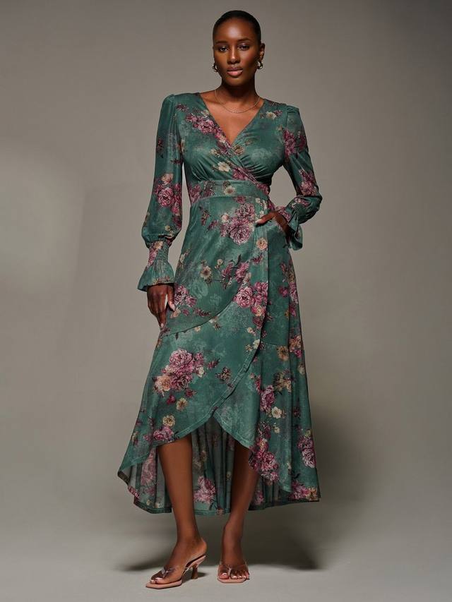 

Платье с цветочным принтом и рюшами по подолу из сетки Jolie Moi, Green Floral