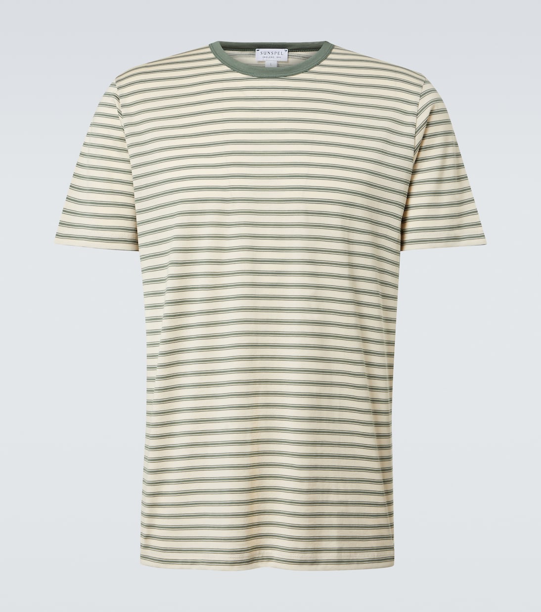 

Полосатая хлопковая футболка из джерси Sunspel, Undyed/Dusk Green Vintage