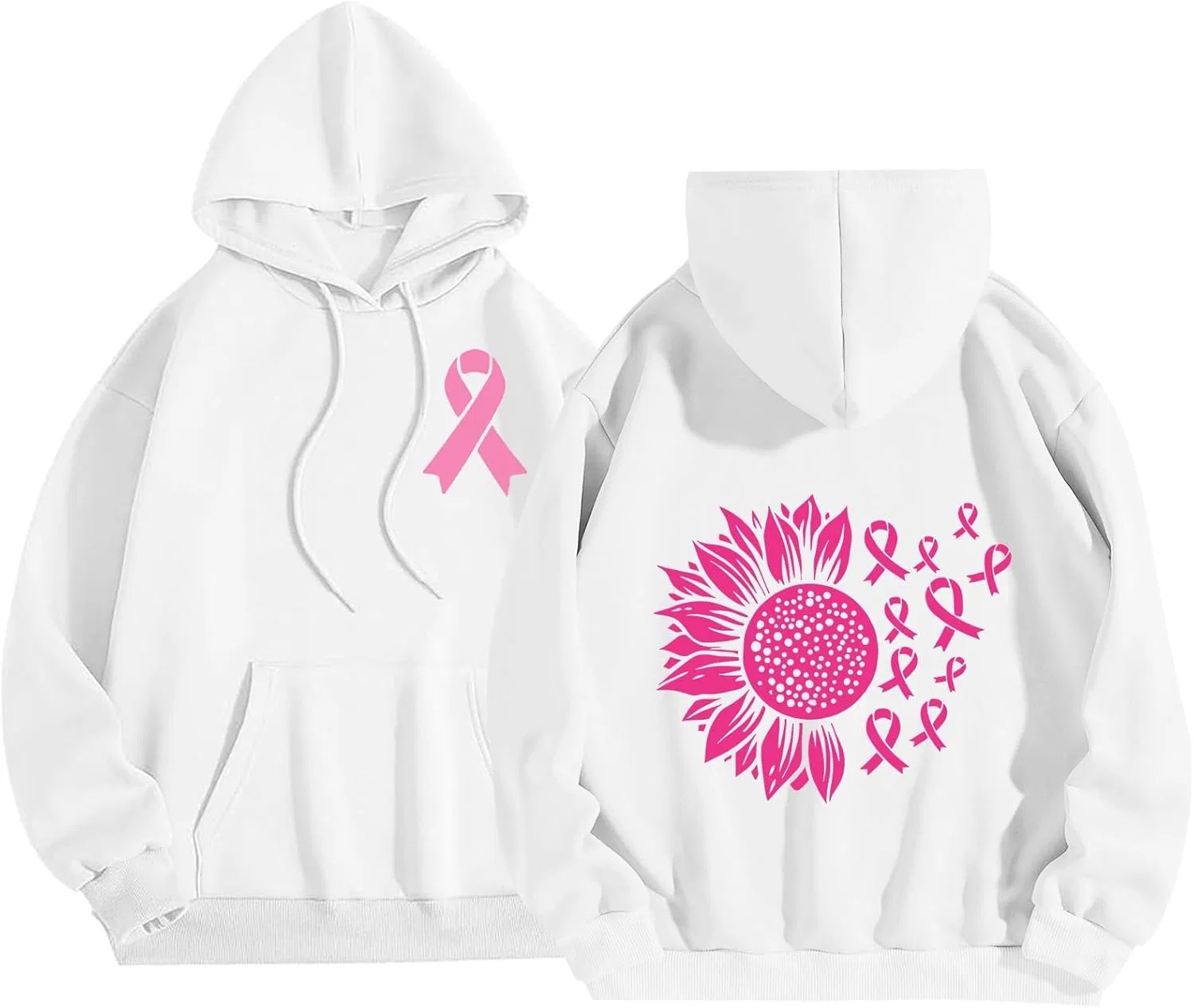 Толстовка с капюшоном на молнии, женская, Breast Cancer Awareness, Rainbow Graphic, Pink Ribbon, White 1