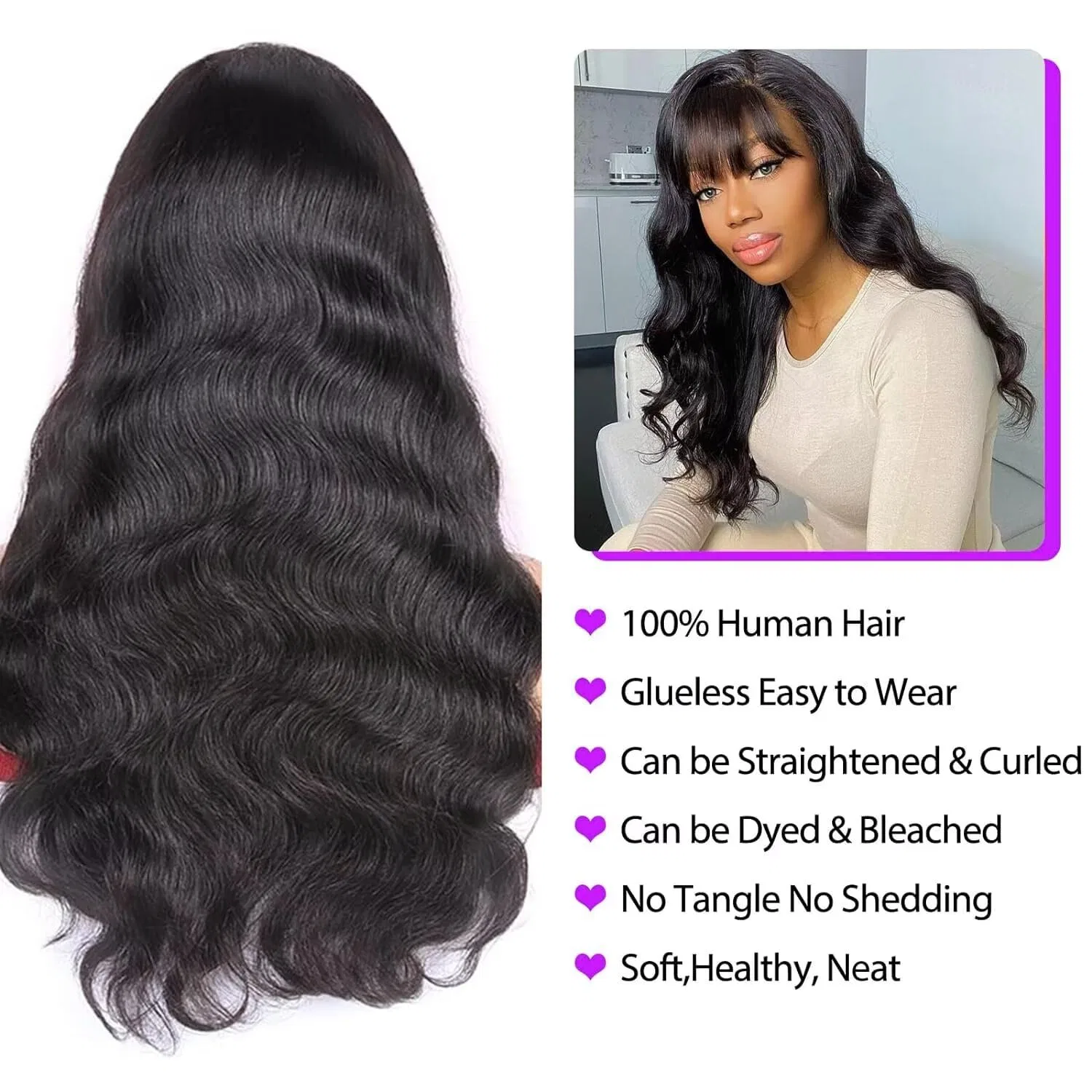 Парик из натуральных волос Body Wave с челкой для женщин Vanmast — фото 3