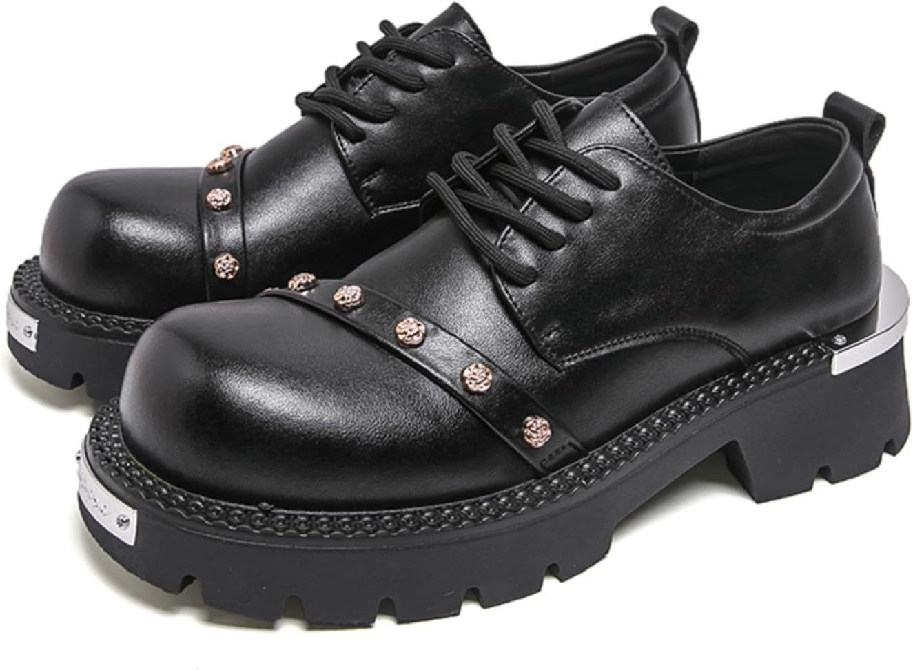 Мужские винтажные кожаные туфли Oxfords на платформе с заклепками, шнуровкой, круглым носком, официального стиля, комфортные, нескользящие, дышащие, для прогулок, офиса, свадеб, свиданий, вечеринок и повседневного ношения Yrzhgdl, черный — фото 3