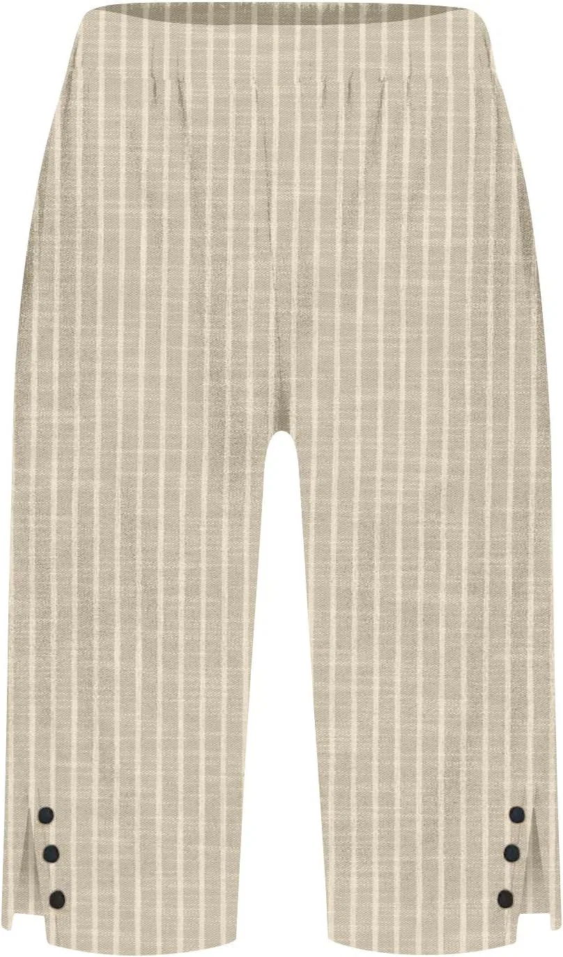 Generic Женские капри из хлопка и льна, длина до колена, летние капри прямого кроя, свободные пляжные шорты-бермуды с карманом (2025 год), A07-Beige — фото 3