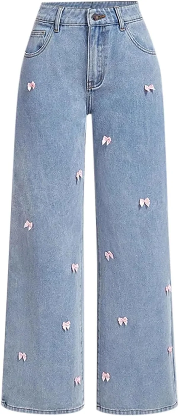 Женские джинсы Wide Leg с бантом, высокие, свободные