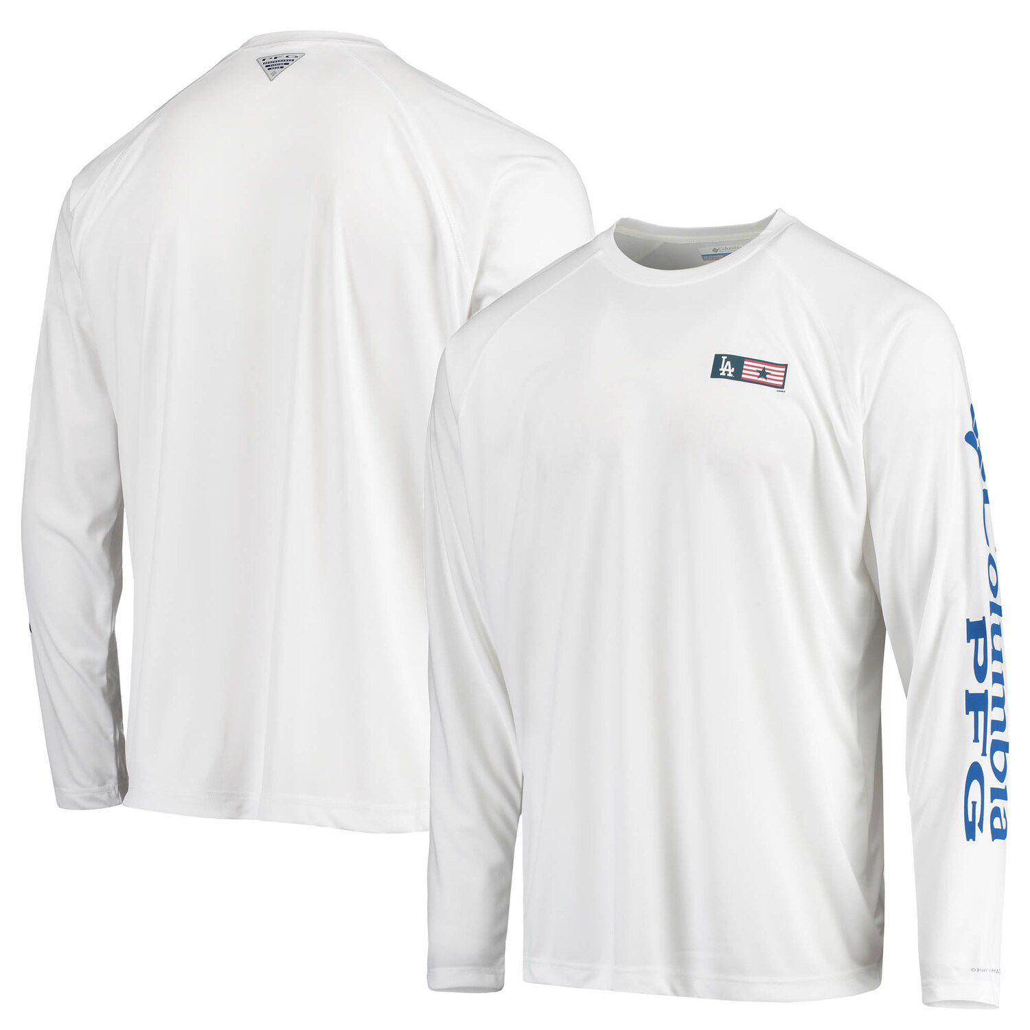 

Мужская футболка Columbia White Los Angeles Dodgers Americana Terminal Tackle Omni-Shade Raglan с длинным рукавом