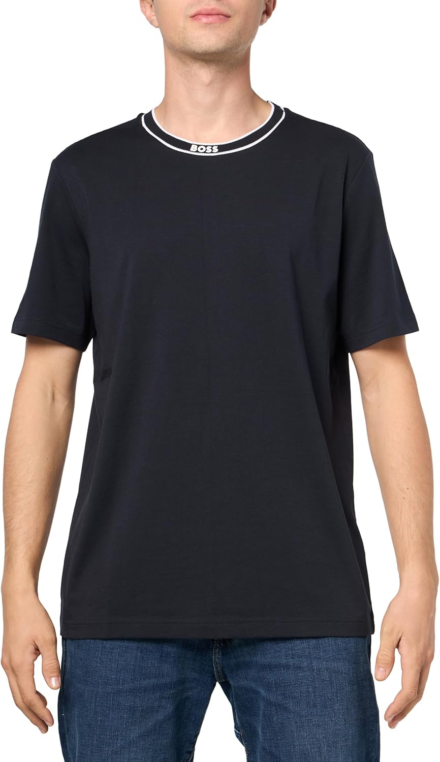 

Мужская хлопковая футболка с логотипом BOSS и воротником-стойкой, Navy Dust