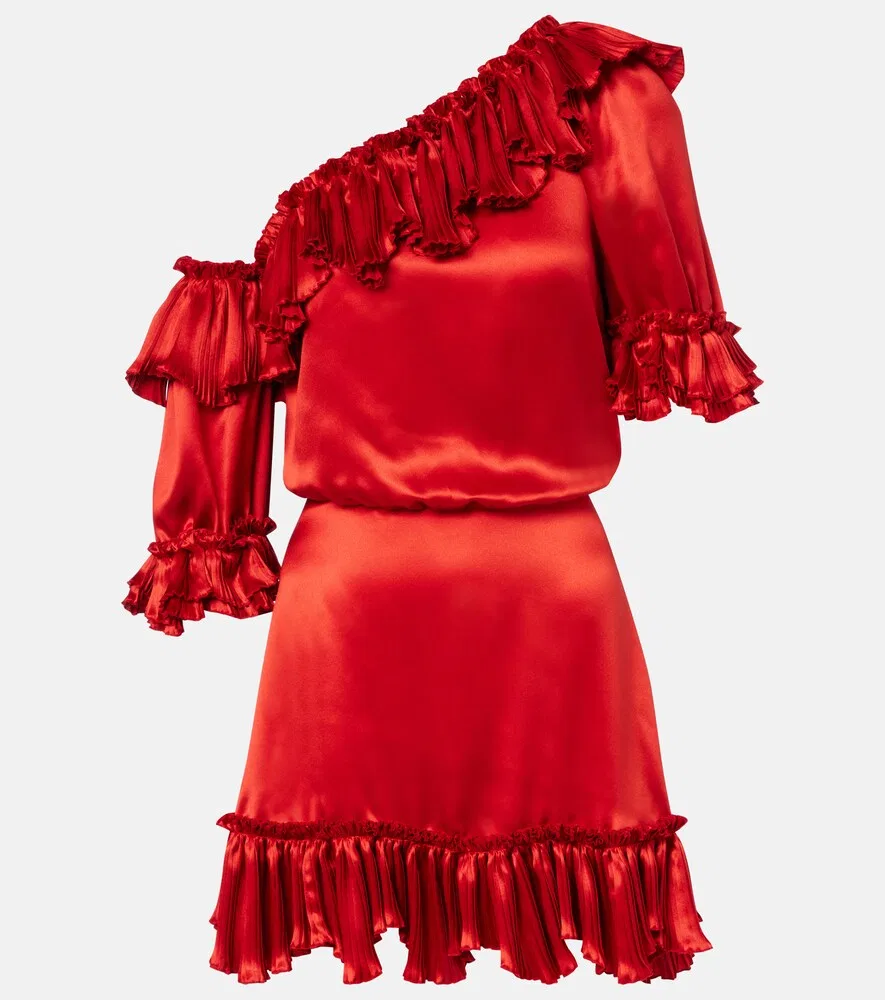 Мини-платье из шелкового атласа с оборками Saint Laurent, красный