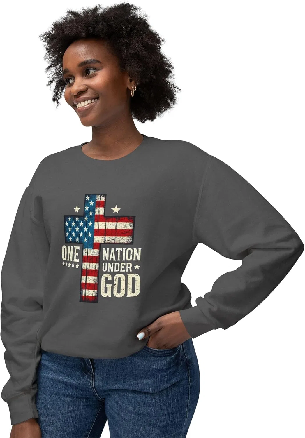 Christian Patriotic USA унисекс легкий свитшот с круглым вырезом | дизайн с крестом One Nation Under God | футболка на молнии на тему веры GENERIC, Pepper — фото 3