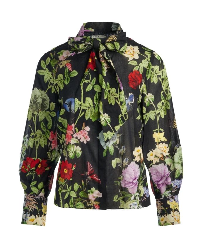 

Черная рубашка с цветочным принтом и пышными рукавами Alice + Olivia, черный