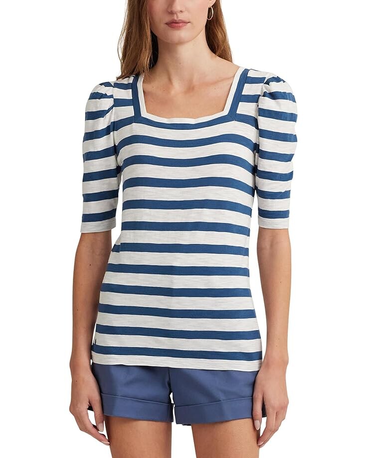 

Футболка LAUREN Ralph Lauren Striped Cotton Jersey Puff-Sleeve, цвет White/Indigo Dusk
