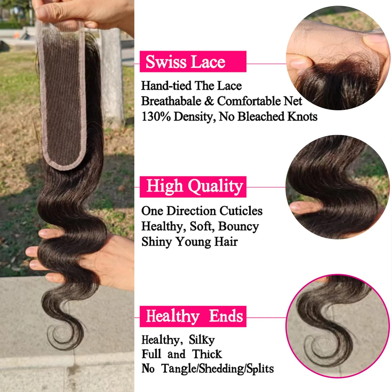Накладные волосы 2x6 Closure Human Hair Body Wave, 100% натуральные Arenshxc, Natural Black 2X6 Closure Body — фото 4