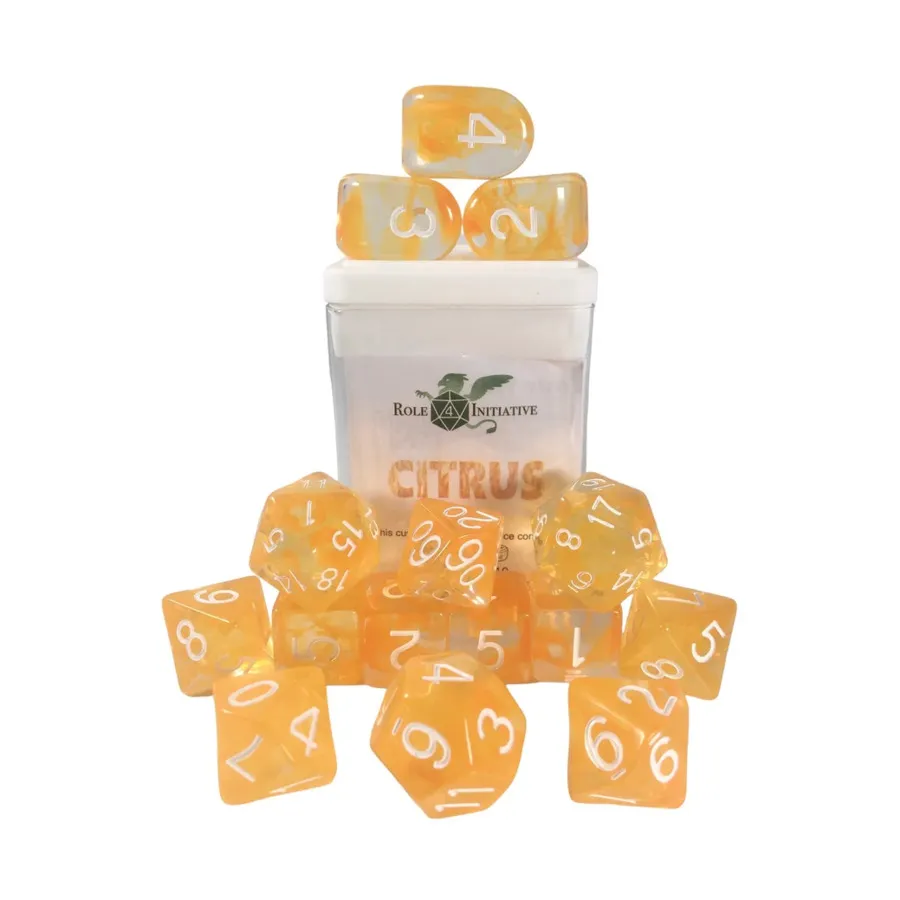 

Многогранные игральные кости — цитрусовые с белыми цифрами, Arch'd4 (15), Game Dice - Diffusion (Role 4 Initiative)