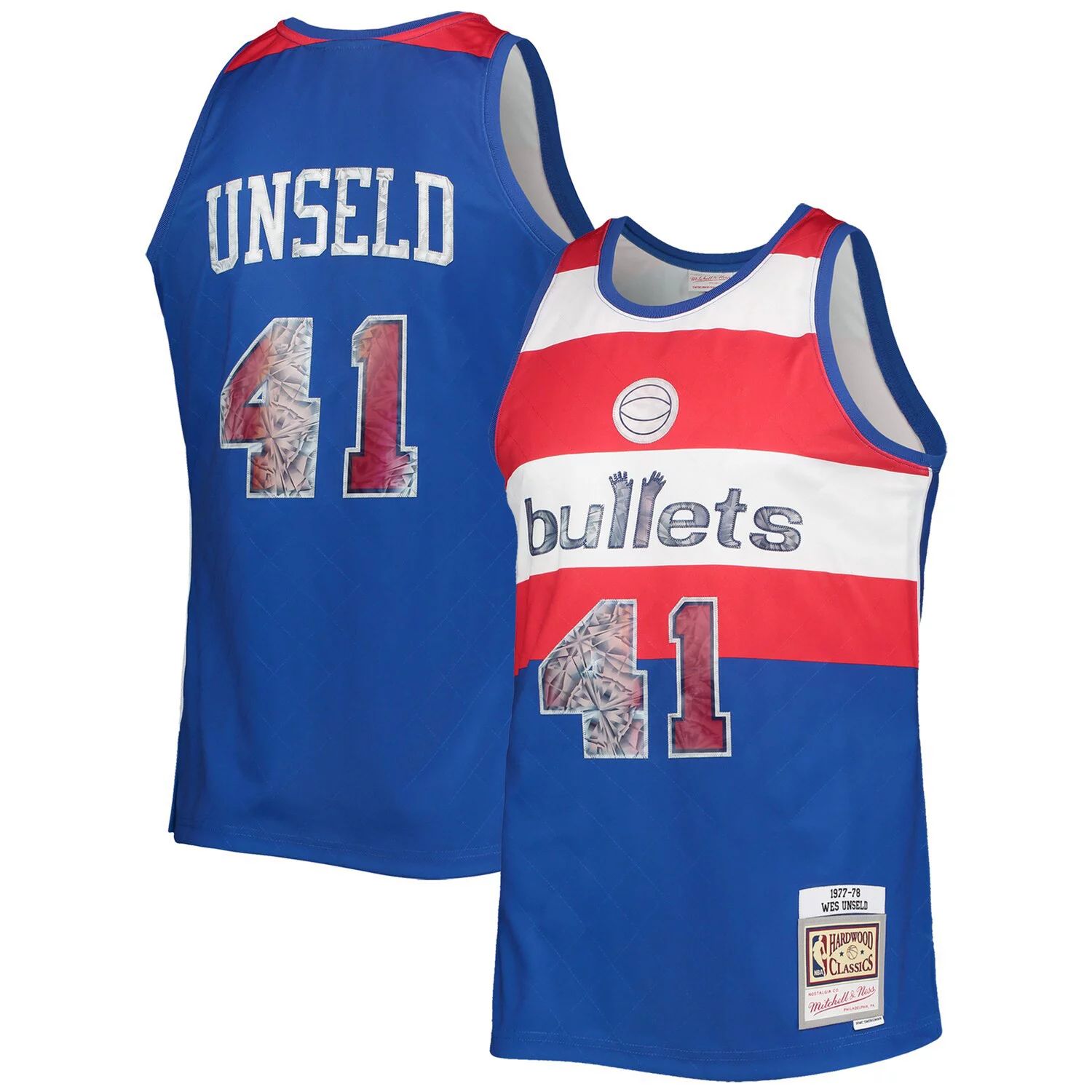 

Мужская майка Mitchell & Ness Wes Unseld Blue Washington Bullets 1977-78 Hardwood Classics NBA Diamond Swingman, посвященная 75-летию НБА, Синий, Мужская майка Mitchell & Ness Wes Unseld Blue Washington Bullets 1977-78 Hardwood Classics NBA Diamond Swingm