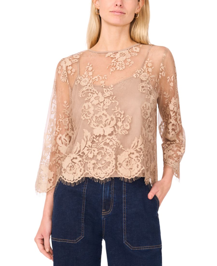 

Женская блузка с цветочным кружевом и фестончатым краем, рукавами 3/4 Vince Camuto, French Oak