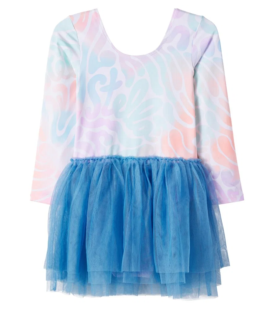 Платье из трикотажа с принтом и тюля Stella McCartney Kids, мультиколор