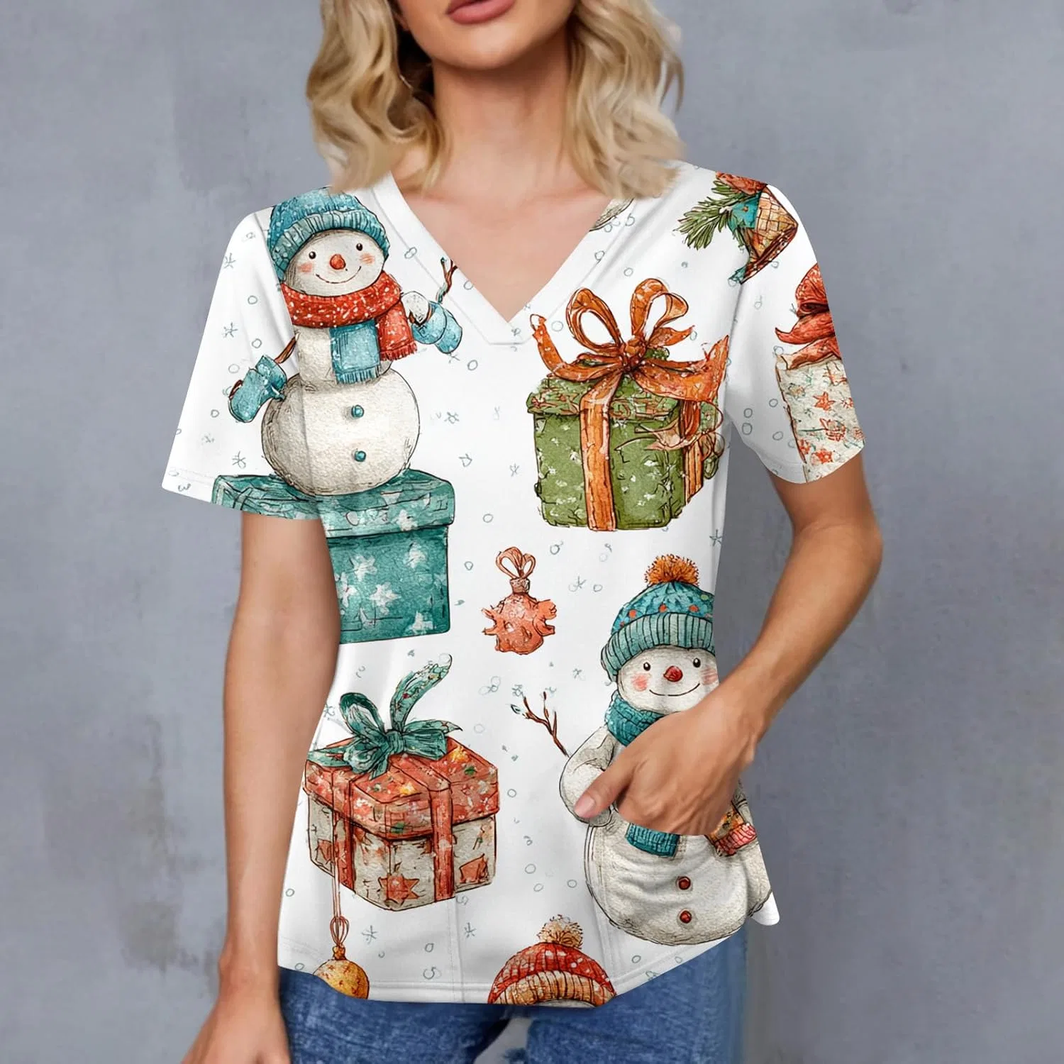 Медицинская блуза V-Neck с рождественским принтом, Royal Blue — фото 2
