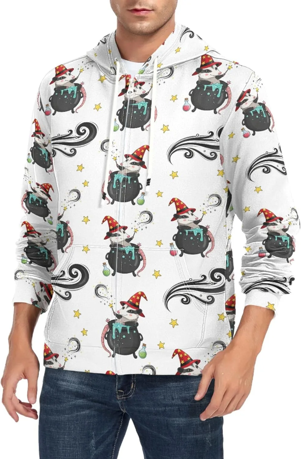 

Мужской худи с полной молнией Witchy Possums with Stars, с длинными рукавами и карманом CUPADA