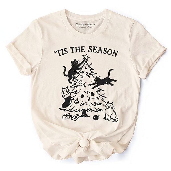 

Футболка с принтом "Christmas tree killer cats" Ornamentallyyou, Natural