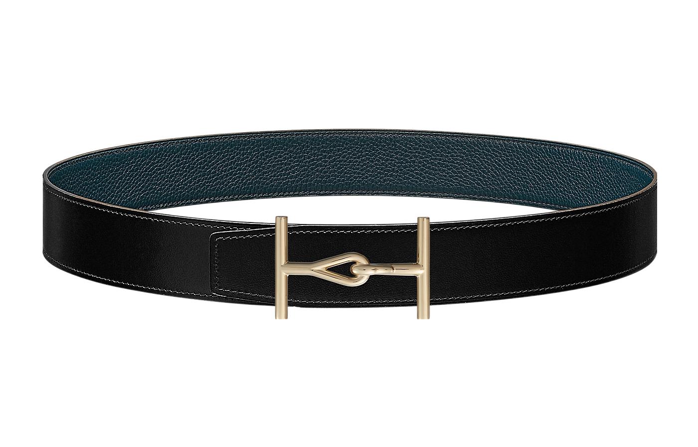

HERMES Мужской широкий кожаный ремень из бычьей кожи черный с прусским синим, Black/Prussian Blue