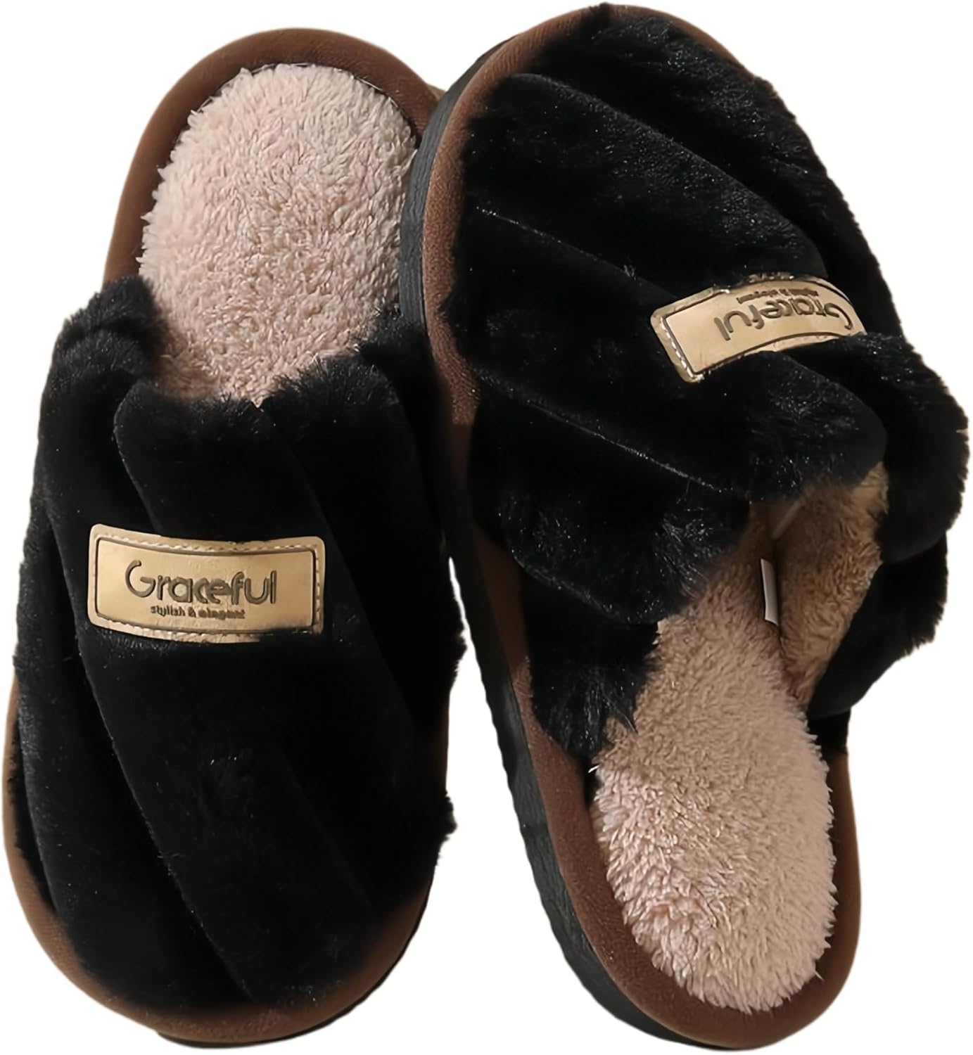 

Удобные мягкие плюшевые тапочки для женщин и мужчин с нескользящей подошвой и перекрестным ремешком для дома и повседневного ношения круглый год Jaewomo, черный