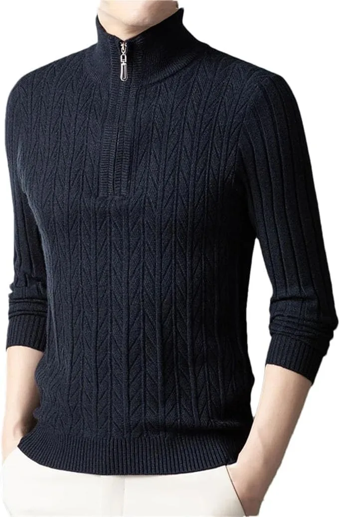 Мужской свитер с молнией и воротником стойкой, утепленный, зимний, slim fit
