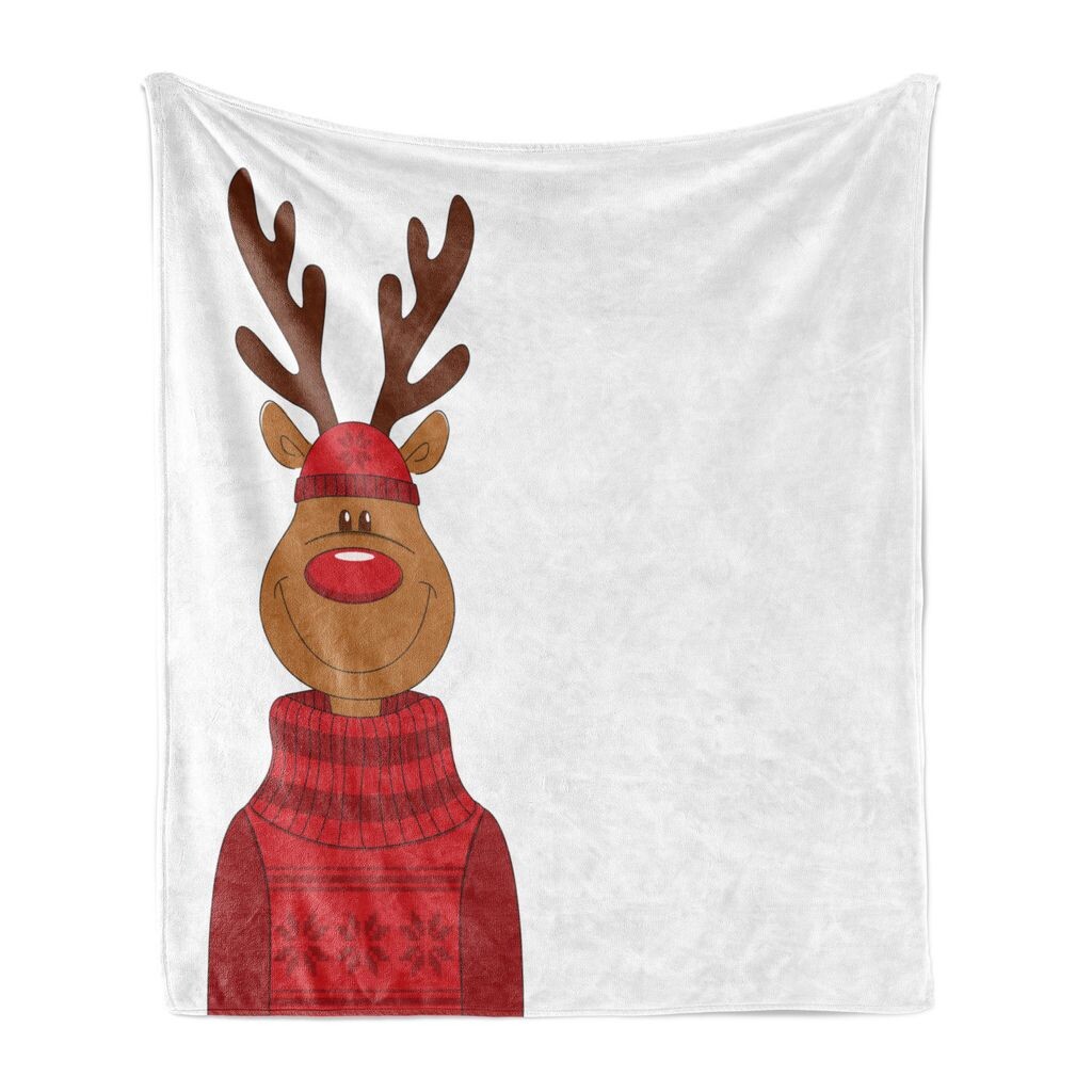 

Рождественское мягкое фланелевое флисовое одеяло ABAKUHAUS, Smile Cartoon Reindeer, уютный плюш для использования в помещении и на улице, 125 x 175 см, карамельно-коричневый и киноварь