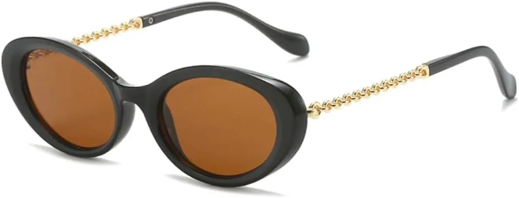 

Винтажные овальные солнцезащитные очки для женщин, модные, с металлическими цепочками на дужках, очки UV400 для мужчин, «кошачий глаз» TYUVIVO, Black Tea