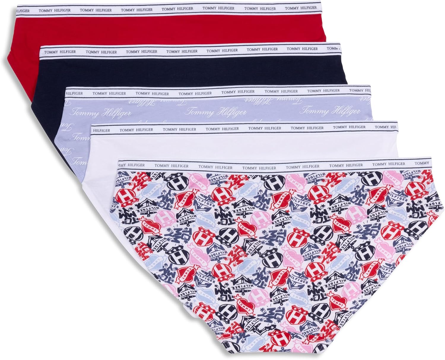 Женское классическое хлопковое бикини-белье Tommy Hilfiger с логотипом на поясе, упаковка 5 пар, Tattoo Elements Bright White/Bright White/Brunerra Blue Th Calligraphy/Heather Grey/Apple Red — фото 2