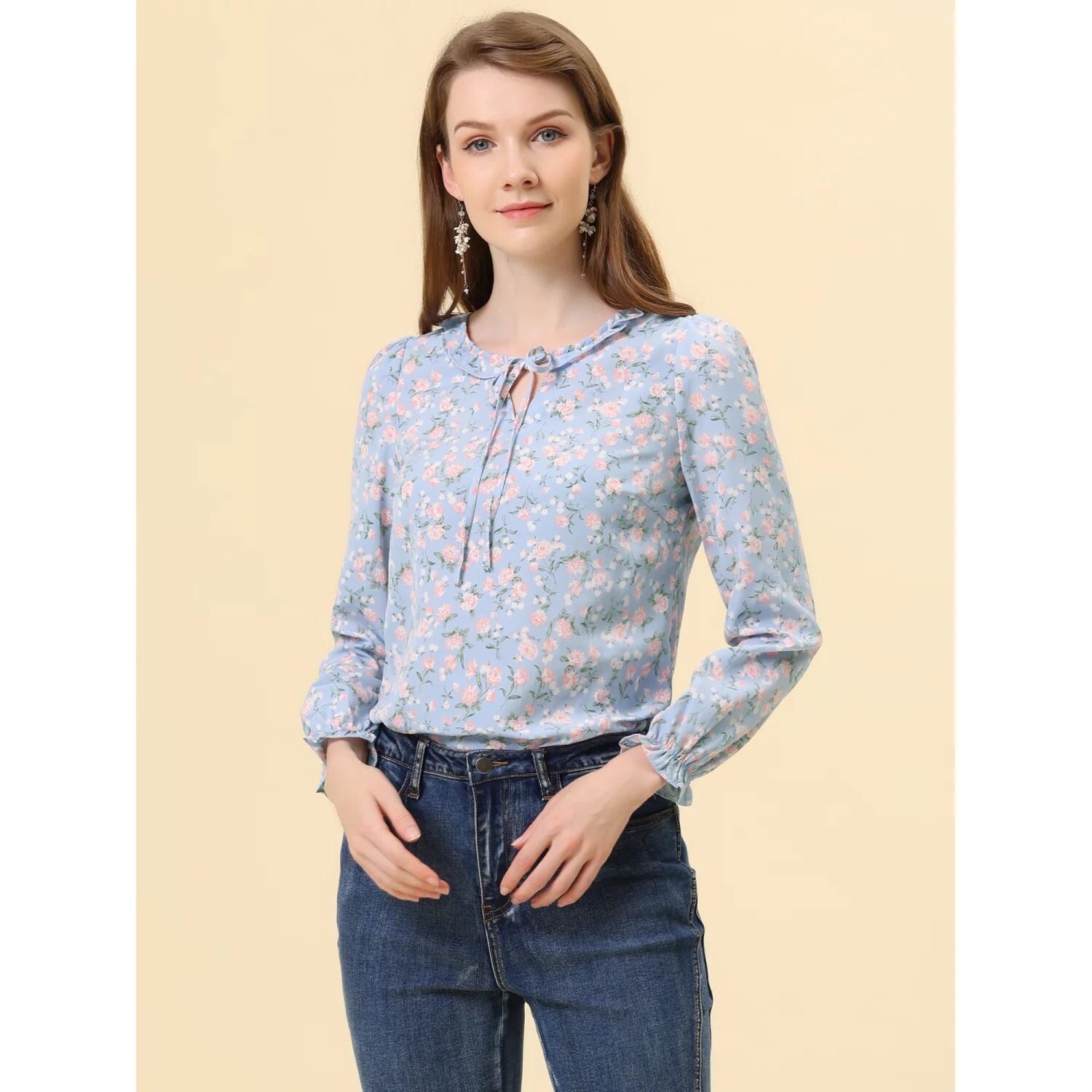 

Женская блузка с длинным рукавом с круглым вырезом и рюшами и цветочным принтом ALLEGRA K, желтый