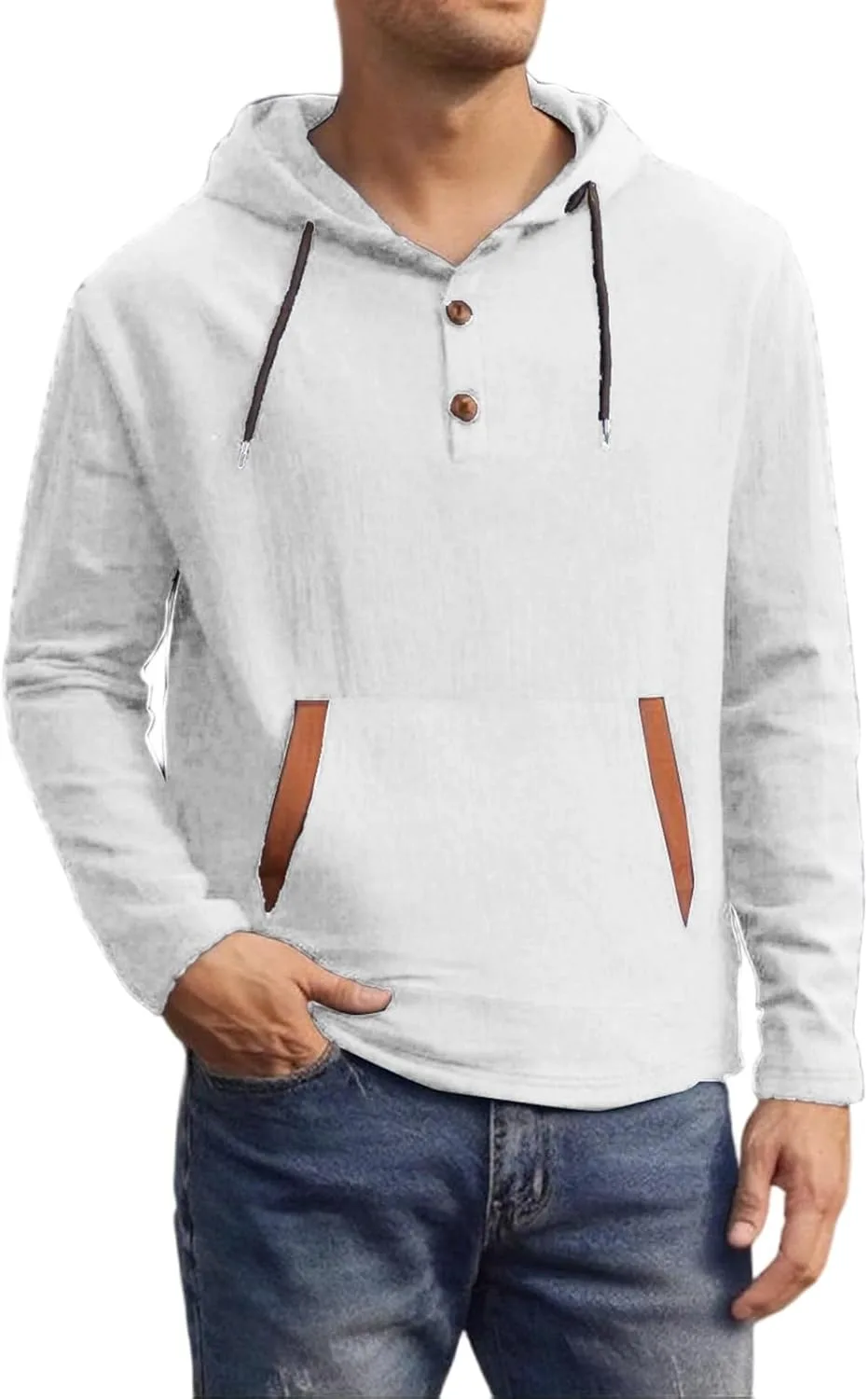 

Мужская льняная толстовка с капюшоном на пуговицах, длинный рукав