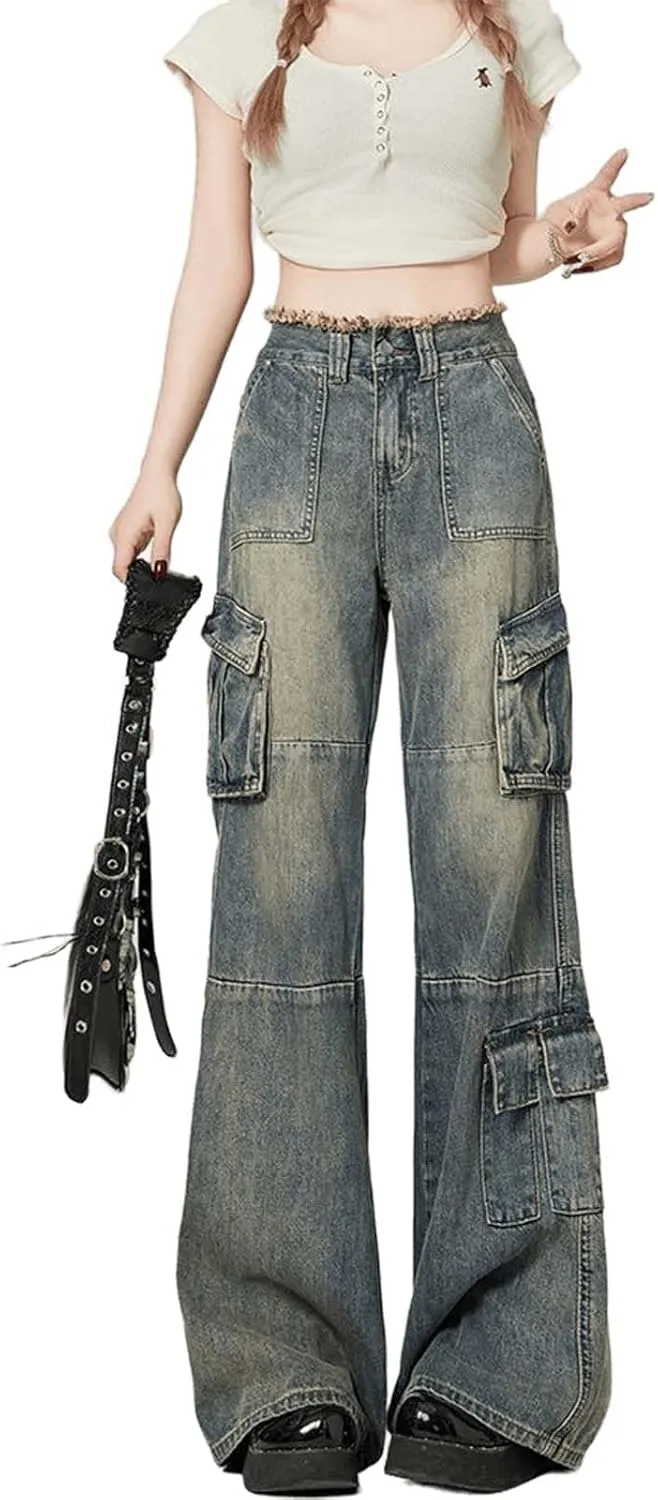 

Американские ретро джинсы женские high waisted прямые широкие LREUIP